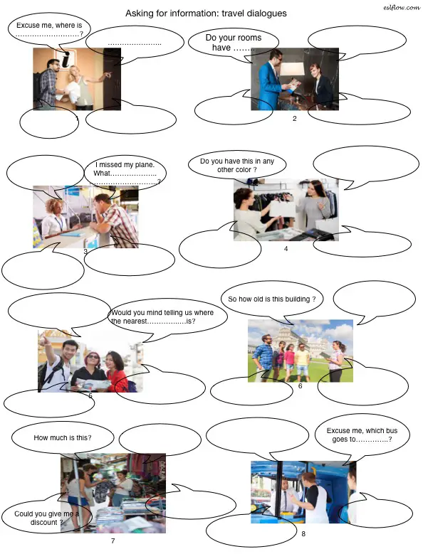 Asking for information travel dialogues worksheet for English language learners.