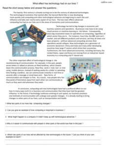 Effects of technology reading comprehension worksheet for English language learners.