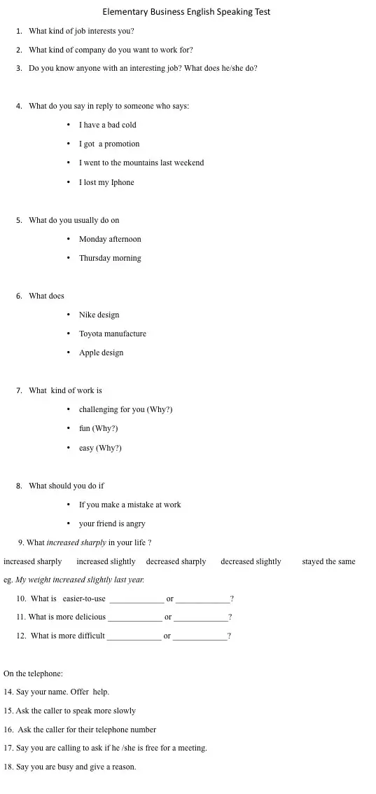 speaking english test elementary for Elementary Speaking Business English Eslflow Test