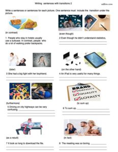 Transitions worksheet with pictures for essay writing