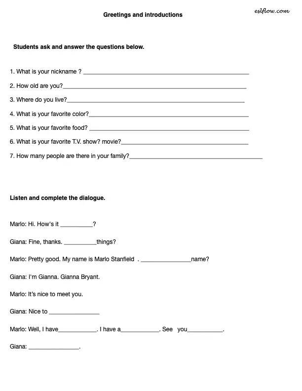 Elementary English Conversation Worksheets