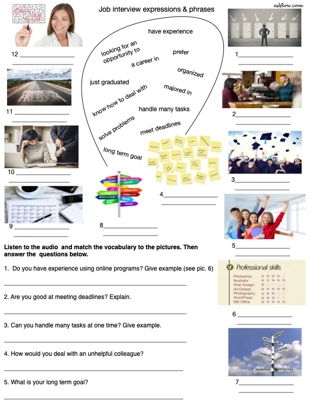 Common job expressions worksheet for English language learners.