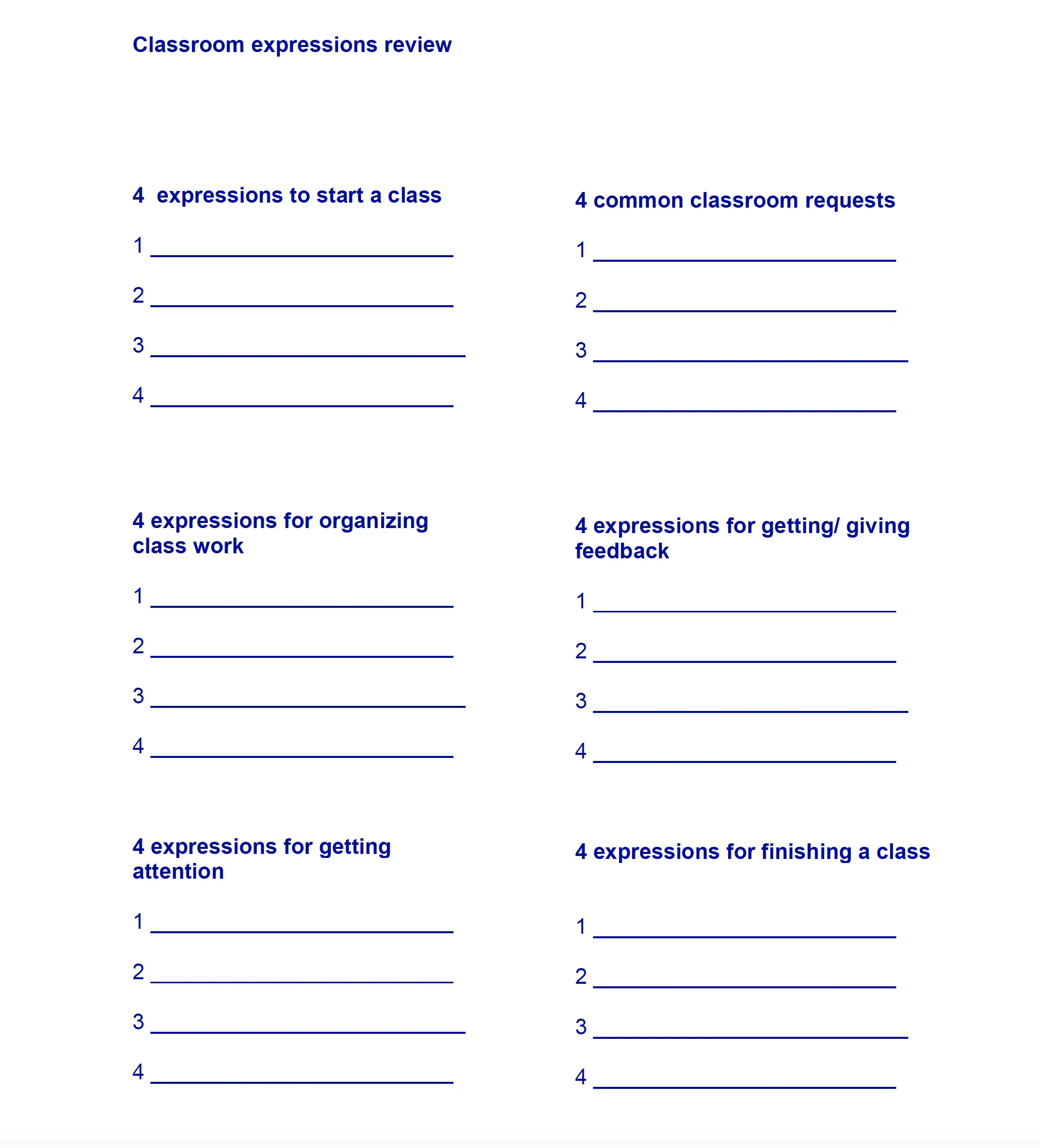Classroom expressions brainstorm worksheet.