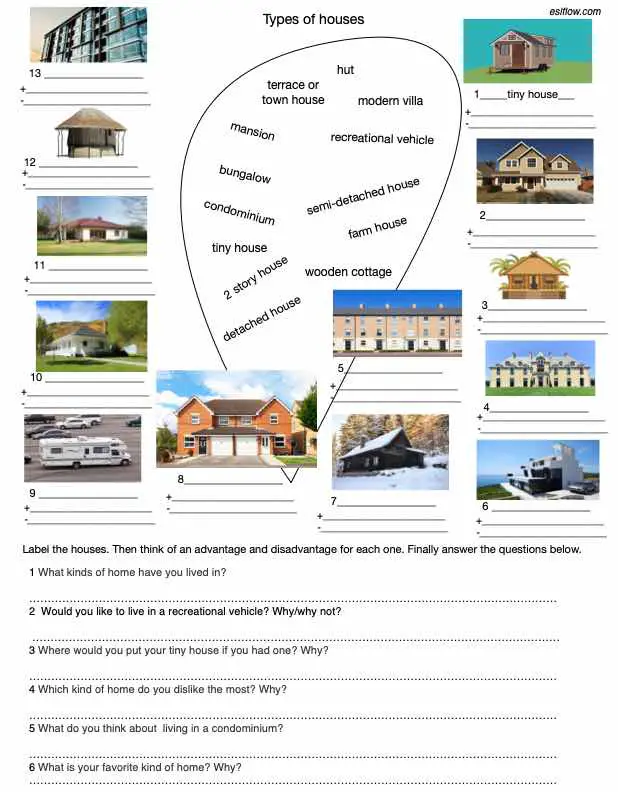Types-of-houses picture vocabulary matching exercise